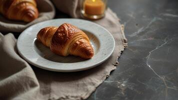 färsk croissanter på trasa på en trendig marmor tabell. foto