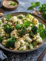 färsk broccoli och blomkål sallad med tahini klä på sig på tallrik foto