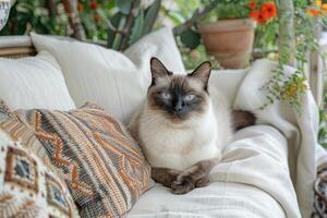 siamese katt med blå ögon på en vit soffa foto