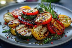 grillad grönsaker på en tallrik, röd peppar och gul peppar, zucchini. foto