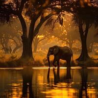 majestätisk afrikansk elefant stående förbi de vatten mot ett orange solnedgång i de savann foto