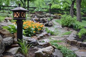 utomhus- ljus posta i en skön bostads- stenparti trädgård foto