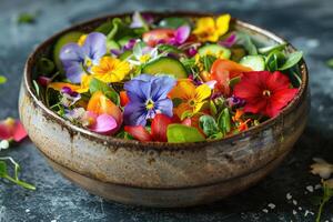 färsk sallad av vår grönsaker dekorerad med ätlig blommor foto