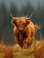 högland ko porträtt med vindpinad hår foto