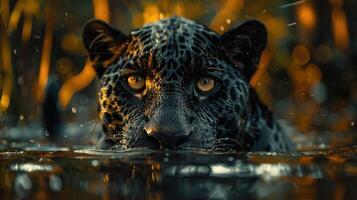 svart jaguar i en söder amerikan våtmarks foto