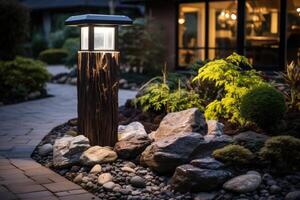 utomhus- ljus posta i en skön bostads- stenparti trädgård foto