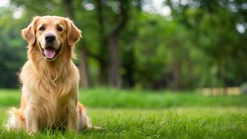 gyllene retriever hund med Lycklig uttryck och Sammanträde på de gräs foto