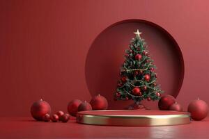 jul träd omgiven förbi presenterar på röd bakgrund foto