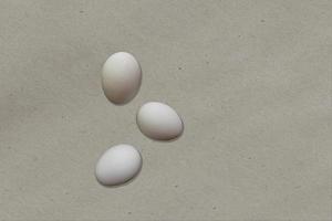 närbild se tre kycklingägg isolerade på köksbordet. lämplig för matdesignprojekt. foto