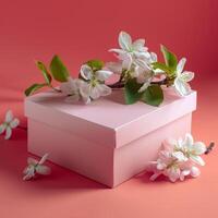 rosa gåva låda med vår blommor på rosa bakgrund. foto