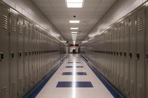 akademisk atmosfär skola korridorer fodrad med rader av förvaringsskåp foto