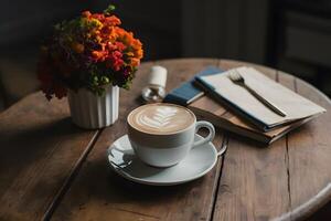 mysigt kaffe scen vit kopp attrapp på trä- tabell foto