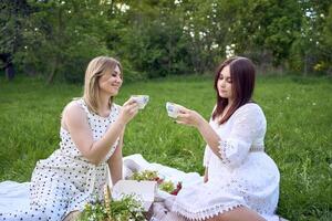 en mor och henne Tonårs dotter på en picknick i de trädgård foto