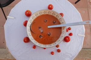 gazpacho soppa, en kall spanska tomat soppa, uppäten i de sommar i Spanien foto