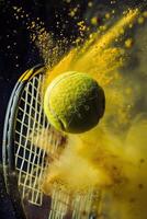 en gul tennis boll täckt i gul pulver är studsande av en tennis racket. foto