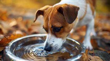 en söt brun och vit hund är dricka vatten från en skål utanför foto
