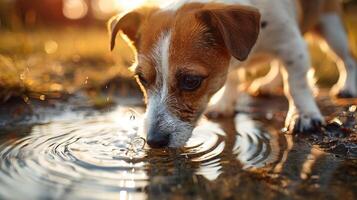 en söt törstig små hund dricka vatten från en pöl på de jord utanför foto