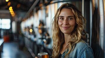 blond kvinna leende medan innehav en glas av öl i en bryggeri. foto