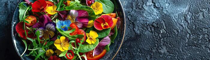 en närbild topp se av en färgrik sallad skål med ätlig blommor, de färsk Ingredienser vibrerande och inbjudande, uppsättning mot en dämpad, samtida bakgrund, tillhandahålla en bred, panorama foto