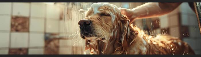 badning en gyllene retriever, med en groomer försiktigt tvättning de hund i en rena, välutrustade sällskapsdjur salong, fångande de vård och bekvämlighet av de bearbeta foto