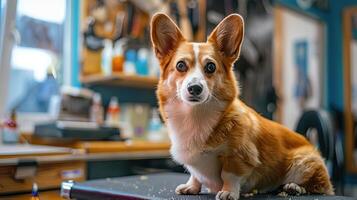 en liten corgi hund, söt, i de sällskapsdjur skönhet affär, klippning, dokumentär fotografi foto