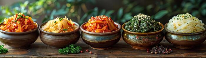 en minimalistisk skott fokusera på de enkelhet och locka av blandad kimchi i traditionell koreanska skålar, uppsättning mot en mjuk, ljus bakgrund, riklig panorama- Plats för reklam foto