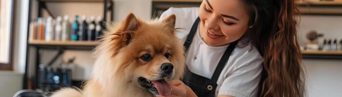 ultrarealistiskt stock Foto av en Lycklig ung groomer bär ett förkläde, noggrant trimning en fluffig hund i en väl upplyst, professionell sällskapsdjur salong