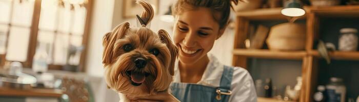 leende professionell groomer innehav en hårkam och grooming en söt små hund i en sällskapsdjur salong, fångande de vård och glädje i en väl upplyst, rena miljö foto