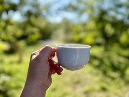 kvinna hand med en kopp av kaffe, te närbild, suddig bakgrund. morgon- trädgård, morgon- begrepp foto