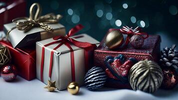 jul träd med gåvor, röd och grön låda med brun band. foto
