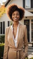 vertikal foton av afrikansk amerikan kvinna verklig egendom ombud står stolt utanför en modern Hem