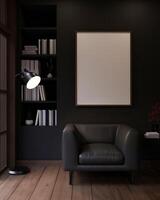 modern svart levande rum med en svart läder fåtölj, en golv lampa, och en ram attrapp på de vägg foto