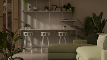en modern vardagsrum sittplatser område funktioner en grön soffa, en tabell med avföring, och krukväxter. foto