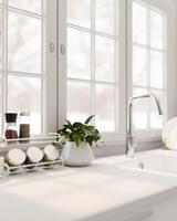 en närbild skott av en modern vit och rena kök bänkskivan i en modern vit kök. foto