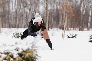 kvinna är gående under vinter- med henne hund foto