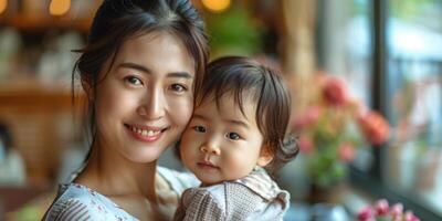 asiatisk kvinna och henne småbarn. foto