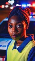 Foto av porträtt stänga upp se av kriminell misstänka i brottslighet scen stående i främre av polis bil på natt och röd blå ljus,