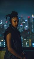 Foto av skön vuxen afrikansk kvinna stående Framställ för bild på natt framtida stad i bakgrund,