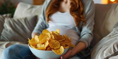 gravid kvinna Sammanträde på de soffa åtnjuter äter potatis pommes frites från en skål på Hem. foto