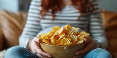 gravid kvinna Sammanträde på de soffa åtnjuter äter potatis pommes frites från en skål på Hem. foto