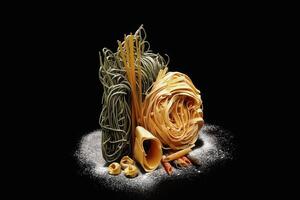 olika typer av pasta med vete mjöl på svart bakgrund foto