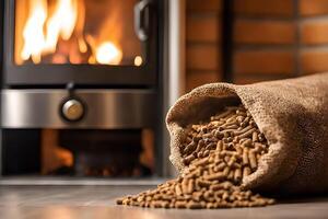 närbild av kvalitet trä pellets, modern spis, miljövänlig Hem uppvärmning. foto