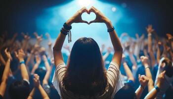 kvinna framställning hjärta form på konsert med folkmassan i bakgrund foto