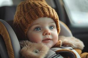 liten bebis fäst med säkerhet bälte i säkerhet bil sittplats. foto