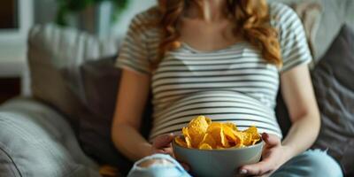 gravid kvinna Sammanträde på de soffa åtnjuter äter potatis pommes frites från en skål på Hem. foto