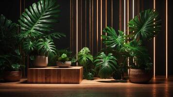 rum interiör dekoration med monstera växter i keramisk krukor. de begrepp av ett elegant rum dekorerad med tropisk växter på en trä- tabell och vertikal neon lampor bakgrund. ai-generativ foto