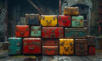 gammal resväskor är staplade i de övergiven lager foto
