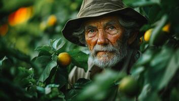 gammal jordbrukare plockning citroner i de fruktträdgård foto