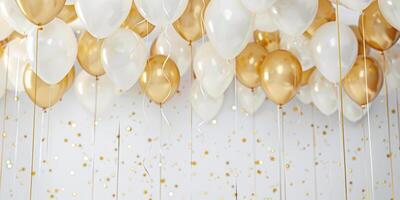festlig arrangemang av vit ballonger med gyllene konfetti och guld ballonger med band på vit bakgrund. firande begrepp. för hälsning kort och fest inbjudan design. ai foto