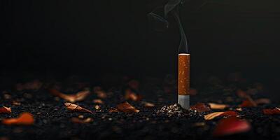 enda belyst cigarett stående upprätt på mörk yta med aska och rök med tömma Plats. begrepp av rökning faror och hälsa risker. Nej tobak dag. ai generation. foto